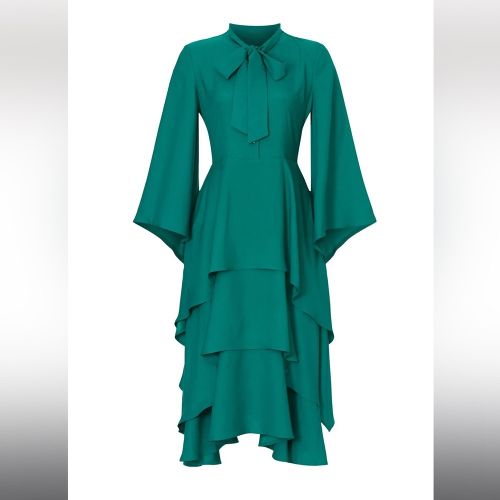 Formal cocktail dress. Osman Yousefzada for Rent the Runway Green Ruffle Bow Tie